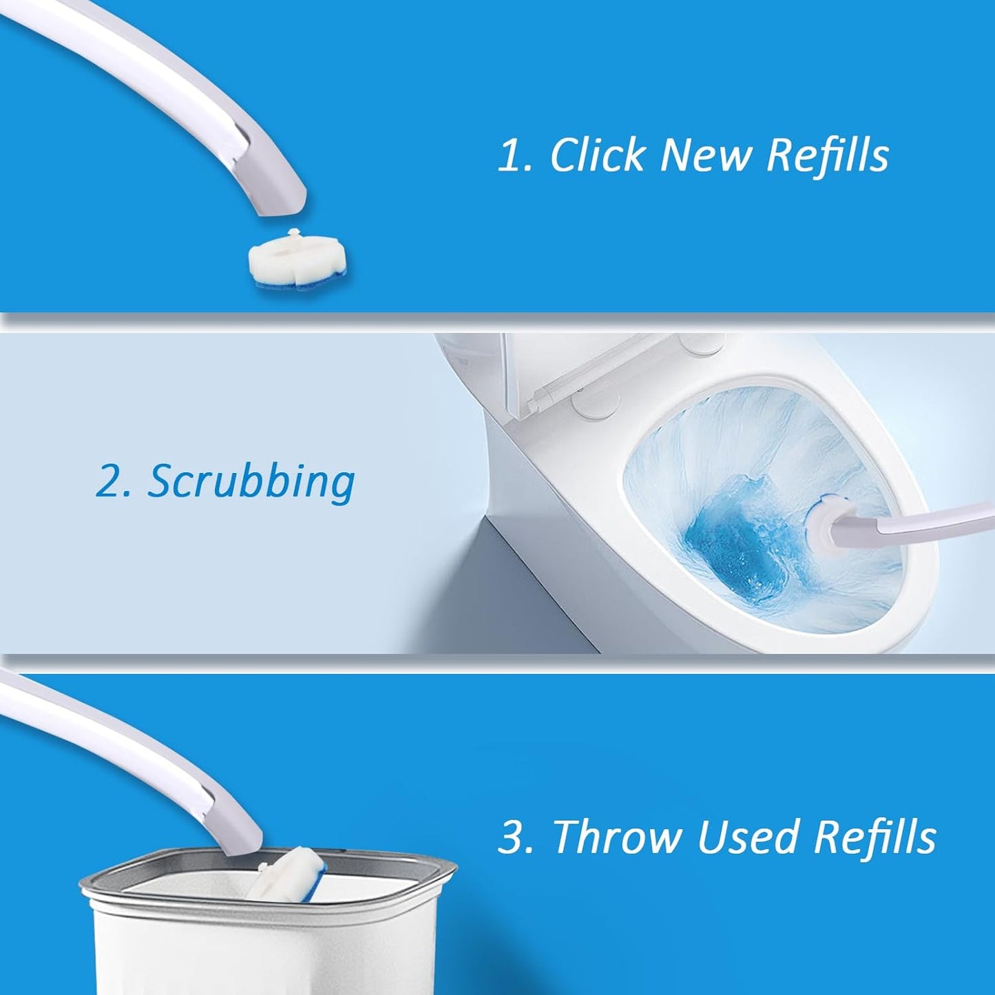 Disposable Toilet Brush and Holder Set with 16 Refills, Long Handle Wand, Compact Bathroom Scrubber, White