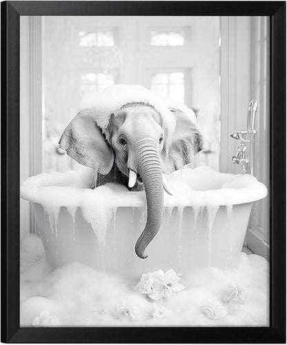 Elephant Wall Art by Animal | Funny Black and White Bathroom Decor | Framed 10" L x 8" W