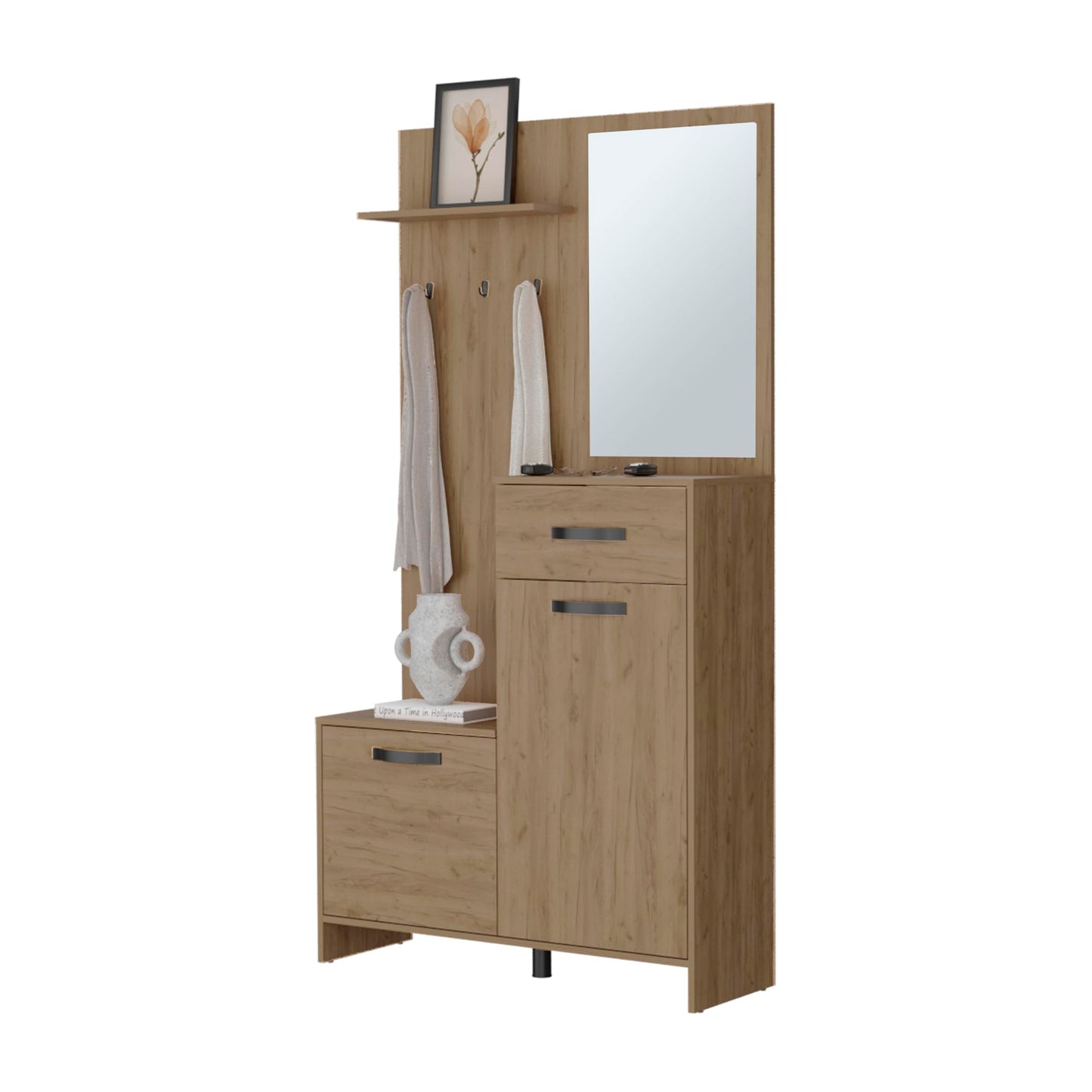 Hall Tree with Bench and Shoe Storage, Entryway Coat Rack with Hooks, Clothes Racks for Hanging Closet, Garment Storage and Mudroom Bench with Storage and Seating, Natural Oak,A-1
