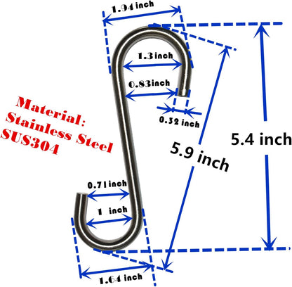Heavy Duty S Hooks, Large 304 Stainless Steel Metal Hook, Rust Proof for Garden Outdoor Tools