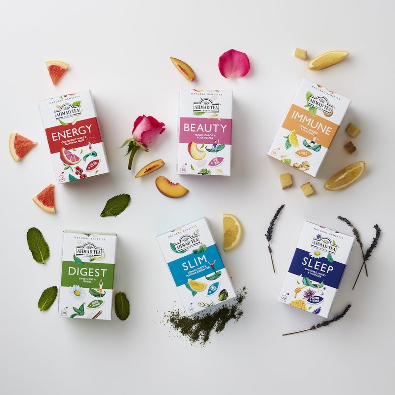 Ahmad Tea Natural Benefit Functional Tea Selection Pack | Green teas, Fruit & Herbal Infusions | Perfect herbal tea gift - 60 Teabag Sachets | 6 blends