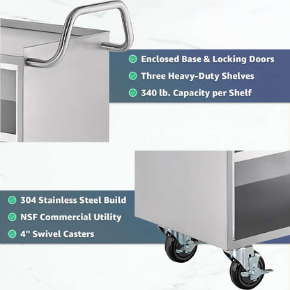 16" x 24" Stainless Steel Utility Cart with Enclosed Base and Locking Doors - 3 Shelf Heavy-Duty 18-Gauge 304 Steel Rolling Cabinet - NSF Commercial Service Cart for Kitchen, Catering, Restaurant