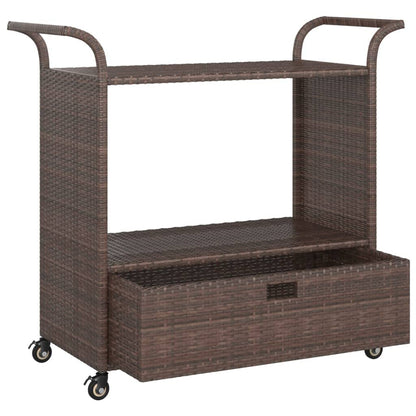 TUERYAFEK Brown Poly Rattan Bar Cart with Drawer, 39.4"x17.7"x38.2", Rolling Serving Trolley with Locking Castors