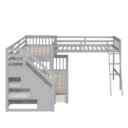 Merax Bunk Bed with a Loft Attached, Triple Bedframe with Drawers, Guardrails and Ladders, Gray Platform, L-Shaped Twin Over Full