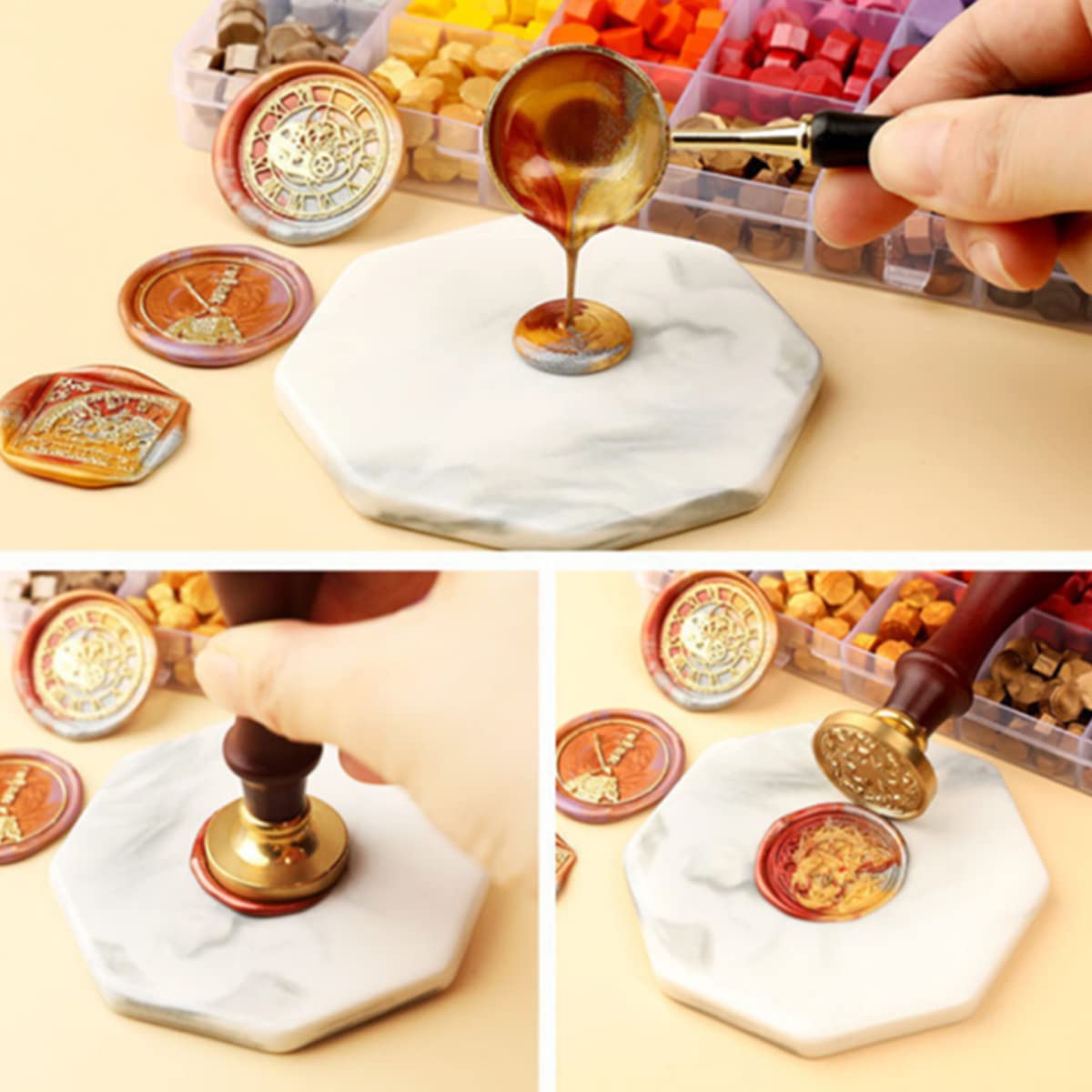 Wax Sealing Beads, ONWINPOR 300pcs Pearl White Wax Seal Beads, 1pcs Wooden Wax Seal Warmer, 1pcs Melted Spoon and 10pcs Tea Candles for Wax Sealing Stamp Kit (Pearl White)