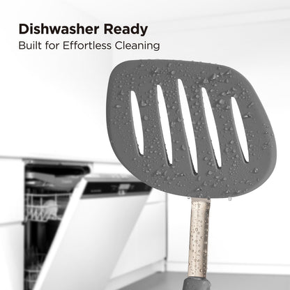 Kitchen Mama WaltzGrip Platinum Silicone Pancake Spatula Turner: Heat Resistant Flexible, Stainless Steel Core, Nonstick, Dishwasher Safe, Flipper – Ideal Kitchen Cookware Egg, Fish, Meat (Metal Gray)
