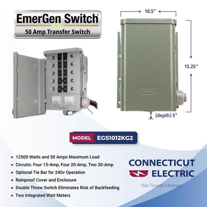 Connecticut Electric Series 2 Backup Power Manual Transfer Switch Kit, 50 Amp, 10 Circuits, with 25' Cord & Outdoor Rated 50A Inlet (Transfer Switch Kit - 25 ft Cord)