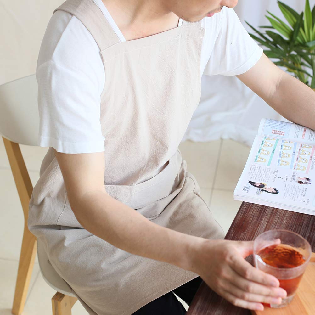 NEWGEM Japanese Linen Cross Back Kitchen Cooking Aprons for Men with Pockets for Baking Painting Gardening Cleaning Khaki