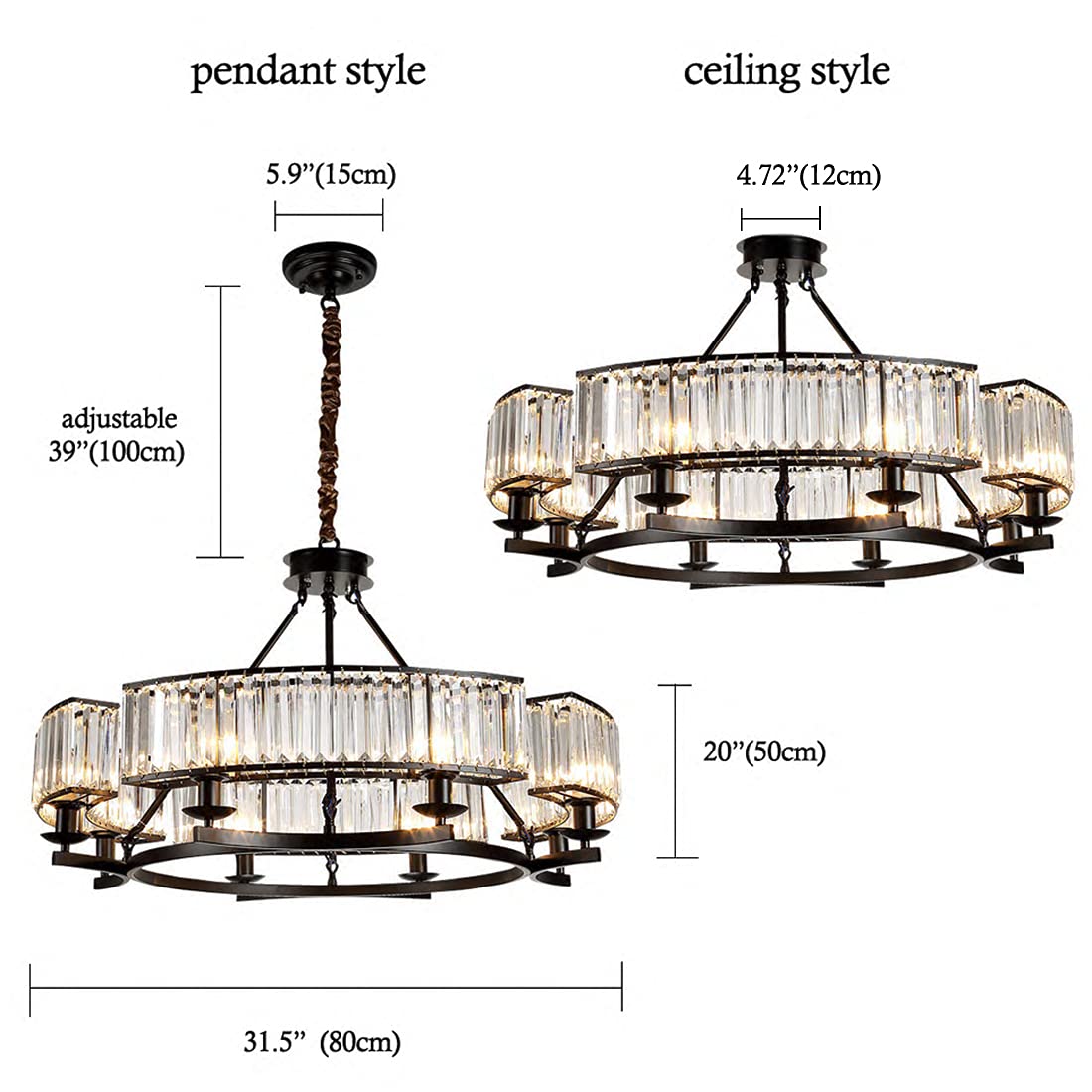 yomay Farmhouse Crytal Chandeliers Dining Room Pendant Light Fixture Black Chandelier with K9 Crystal for Living Room Dining Room Foyer High Ceiling