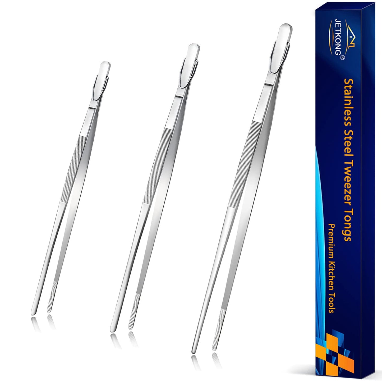 JETKONG Food Tweezers Precision Serrated Tips Kitchen Tweezers Professional Cooking Tweezer Tongs, Set of 3 (7 9 12 Inch, Silver)