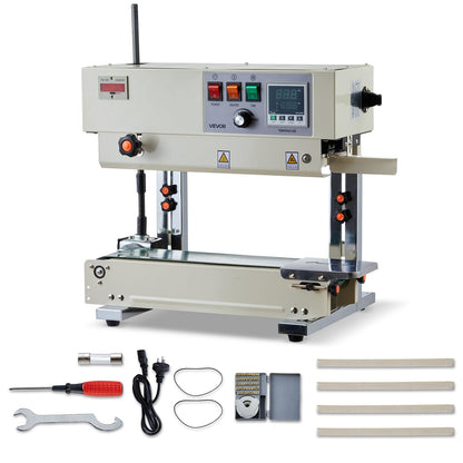 VEVOR Continuous Bag Band Sealing Machine, 0.24-0.47 in Seal Width, Vertical Band Sealer Machine with Roller Printing, Temp & Speed Adjustable, Heat Sealing Machine for 0.001-0.03 in Plastic Bags