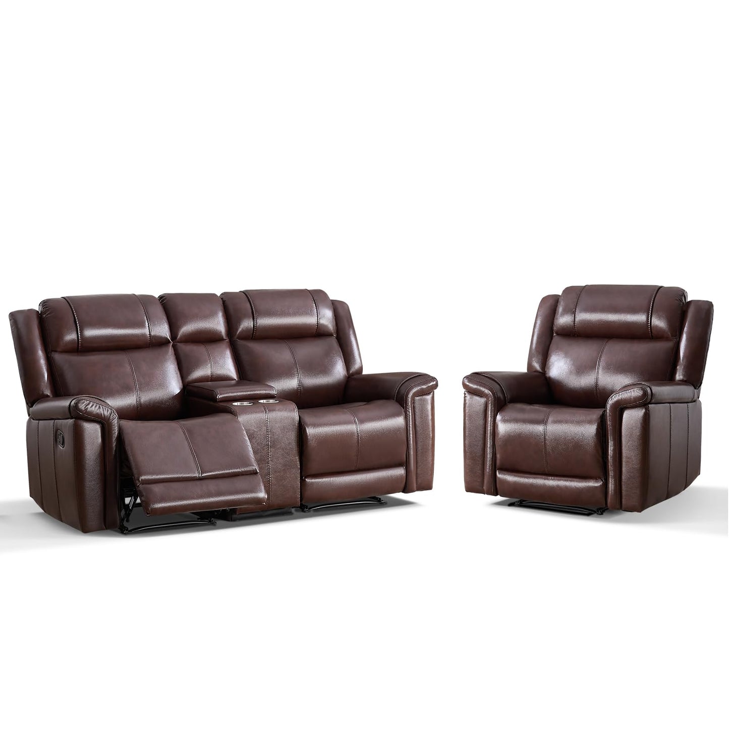 ANJ Premium Genuine Manual Reclining Sofa Set with Overstuffed Backrest, Included Single Recliner Chair and Loveseat 2-Seater Couch with Storage Console, 2-Piece Living Room Furniture Set, Rust Brown