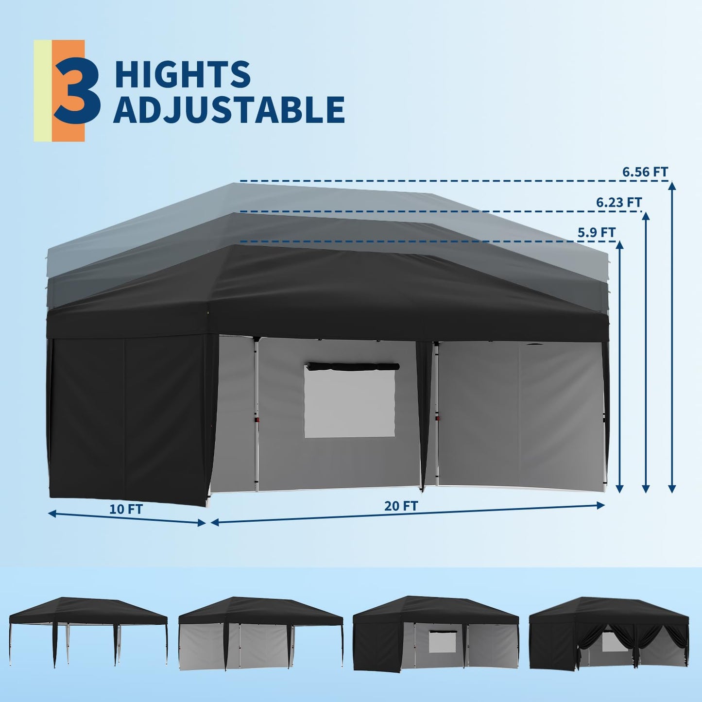 GarveeLife 10x20 Pop Up Canopy with 4 Sidewalls - Heavy Duty Outdoor Canopy Tent with Portable Roller Bag - 3 Adjustable Height, 4 Weight Bags, 8 Stakes & 6 Guy Ropes Included, Black
