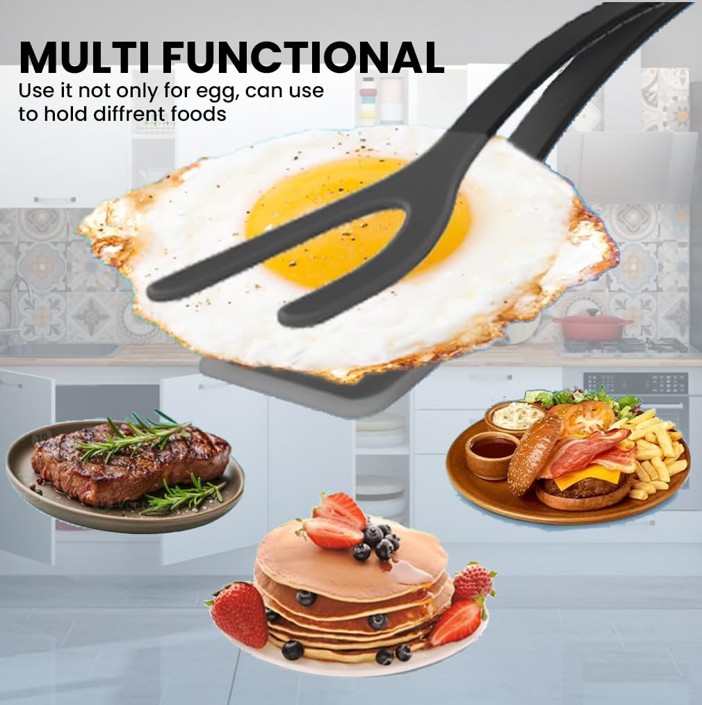 Paxnok 2-in-1 Silicone Egg Flipper Spatula Tongs Non-Stick Grip & Flip Turner for Eggs, Pancakes, Fish, Steak – Heat-Resistant, Dishwasher Safe Cooking Tool (Black - 1Piece)