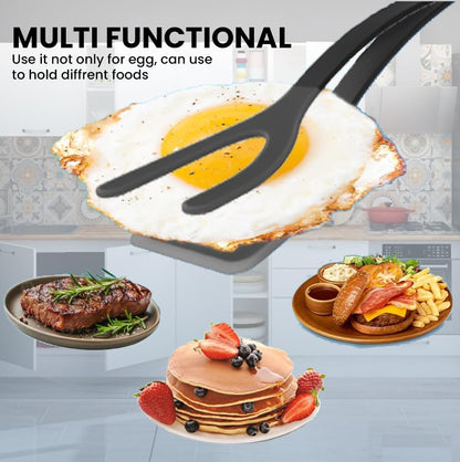 Paxnok 2-in-1 Silicone Egg Flipper Spatula Tongs Non-Stick Grip & Flip Turner for Eggs, Pancakes, Fish, Steak – Heat-Resistant, Dishwasher Safe Cooking Tool (Black - 1Piece)