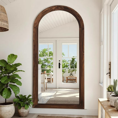 ITSRG Full Length Mirror with Solid Wood Frame, Arched Wall Miiror, 71x32 Farmhouse Wall Mounted Floor Mirror with Stand, Floor Mirror Freestading, Brown