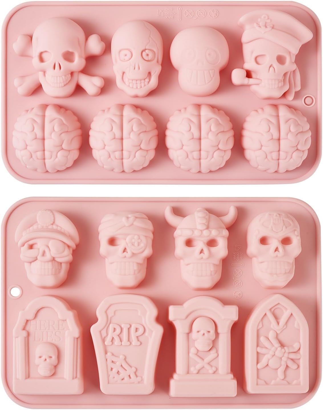 2Pcs Halloween Silicone Mold Skull Tomb Brain Fondant Molds for Gummy Jello Candy Chocolate Baking Decoration