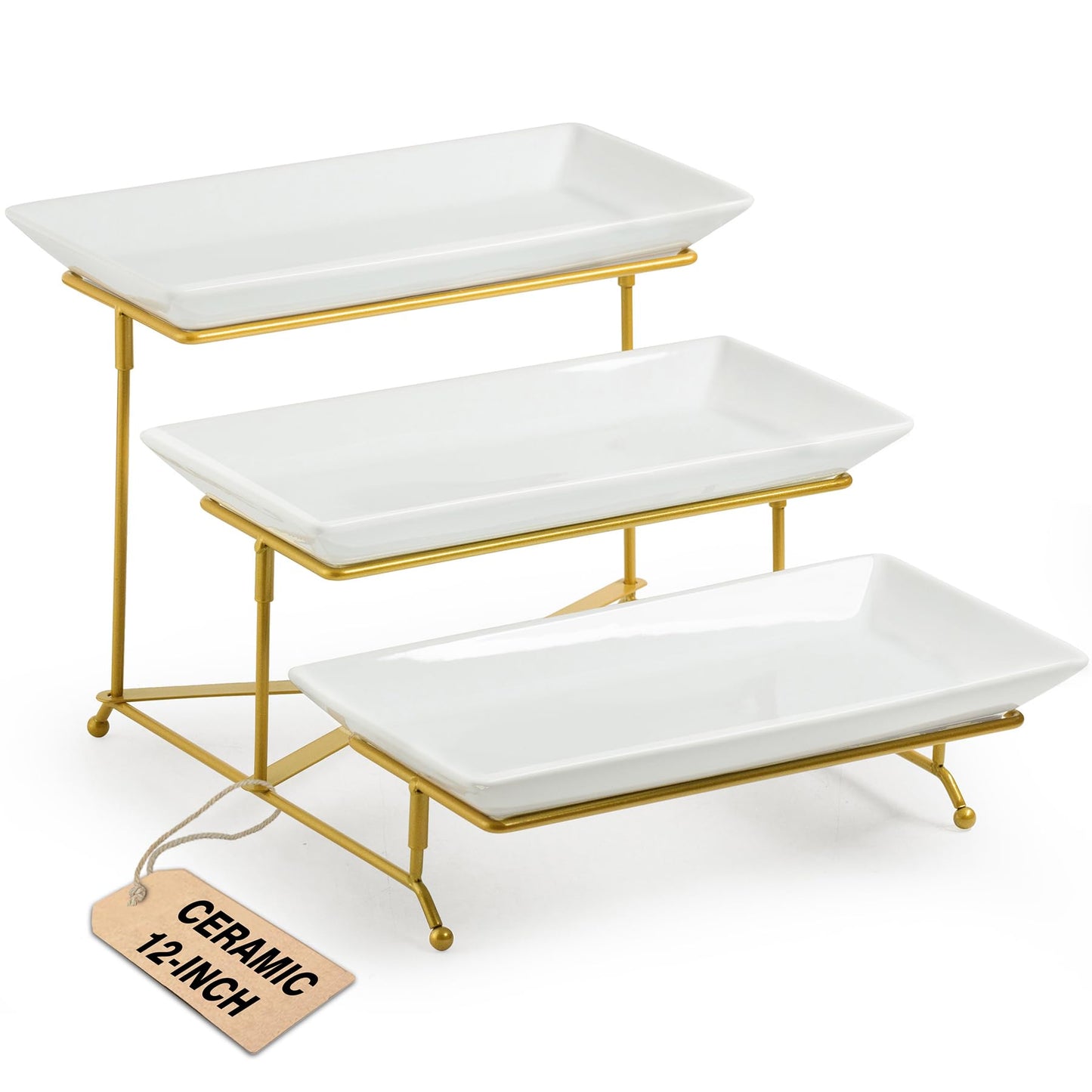 LAUCHUH 3 Tier Serving Tray, Porcelain Serving Platter Tier Serving Stand with Collapsible Sturdier Rack, Serving Trays and Platters Dessert Party Display Set for Mother's Day, Gold, 12 Inch
