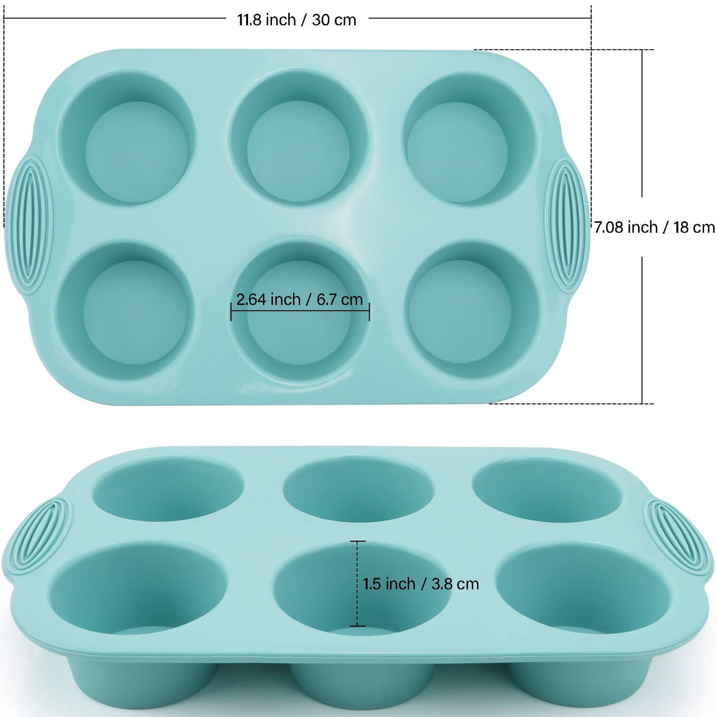 Baocuan Silicone Muffin Pan - 6-Cavity Nonstick Baking Tray for Muffins, Cupcakes, Brownies and More - Food Grade and BPA Free - Pack of 3 Colors (Gray, Orange, Peacock Blue)