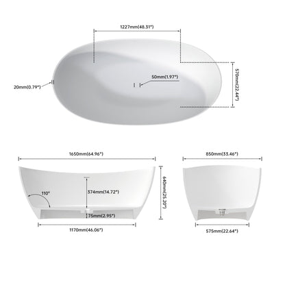 65'' Freestanding Solid Surface Resin Stone Bathtub, Freestanding Tub, Contemporary Design Stand Alone Tub with Pop-up Drain and Overflow, cUPC Certified, Matte White