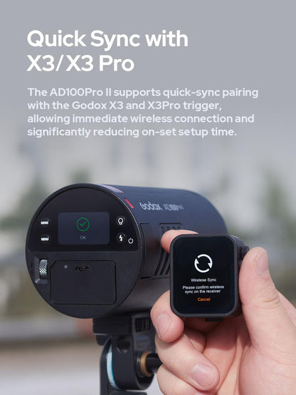 Godox AD100 Pro II AD100Pro II AD100ProII Flash Strobe with AK-R1 Kit, 2.4GHz X System+433Mhz Module/2W LED/10 Brightness Levels/490 Full-Power Pops/0.01–1.5s Recycle Time/USB-C Charging/1-256-1/1