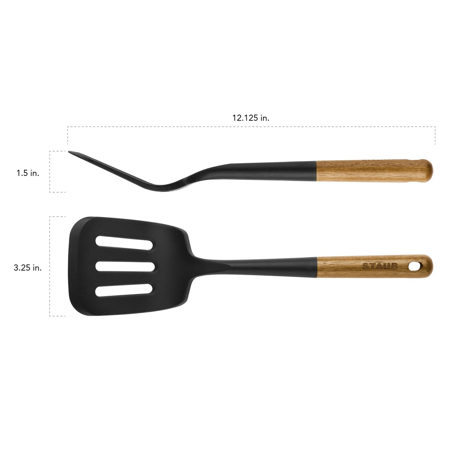 STAUB Silicone Spatula Turner, Perfectly Angled for Lifting Pancakes, Sandwiches and Picking up Veggies Durable BPA-Free Matte Black Silicone, Acacia Wood Handles, Safe for Nonstick Cooking Surfaces