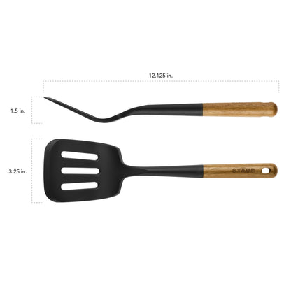 STAUB Silicone Spatula Turner, Perfectly Angled for Lifting Pancakes, Sandwiches and Picking up Veggies Durable BPA-Free Matte Black Silicone, Acacia Wood Handles, Safe for Nonstick Cooking Surfaces