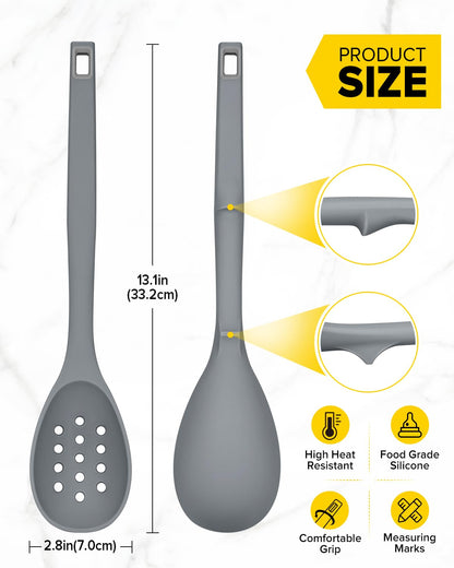 Pack of 2 Silicone Cooking Spoons, Non Stick Solid Kitchen Spoon with Measuring Marks & Back Hooks, Heat Resistant Silicone Slotted Spoon for Cooking, Mixing, Stirring,Serving (GRAY)