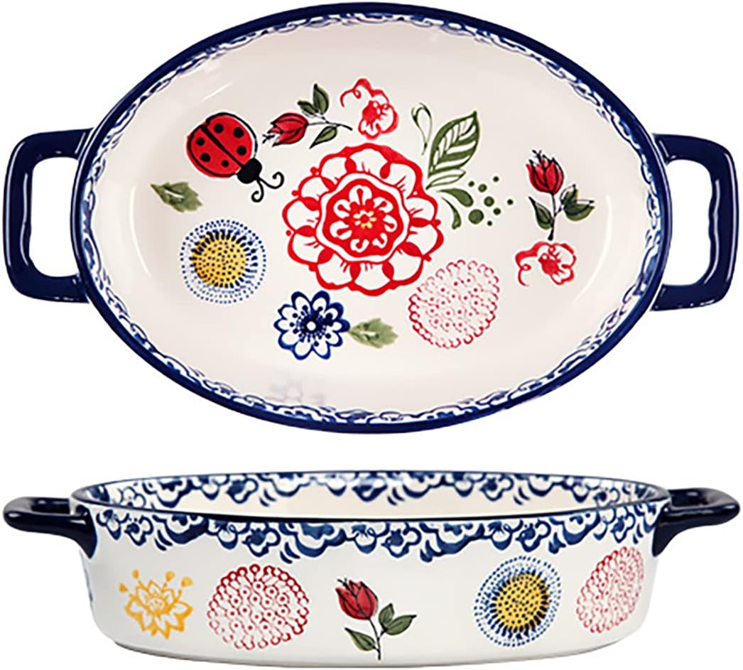 Vintage Style Ceramic Casserole Dish - Flower and Butterfly Ladybug Pattern Baking Pan - 1 PCS - Small Oval with Handles