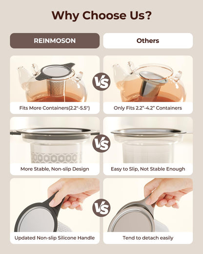 Reinmoson 2 Pack Extra Fine Mesh Tea Strainers for Loose Tea Single Cup, 304 Stainless Steel and Food Grade Silicone Loose Leaf Tea Steeper Tea Strainers & Filters for Black Tea, Coffee, Rooibos, etc