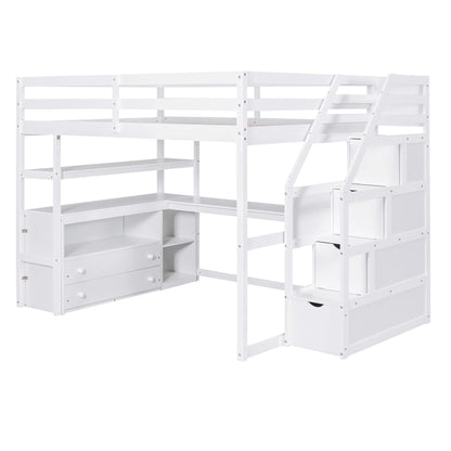 Merax Stairway Loft Bed with L Shape, Shelves, Two Tier Drawers and Storage, White Platform, Full Loft w/Desk and Staircase