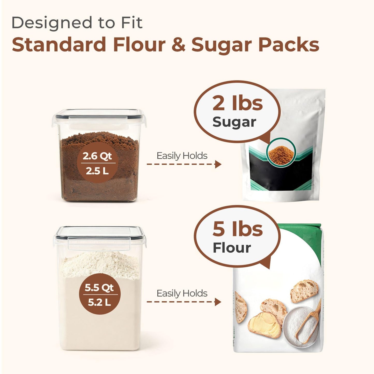 ComSaf Flour Sugar Storage Containers Set of 3 (5.2L/5.5Qt) (2.5L/2.6Qt*2), Large Airtight Food Storage Containers with Lids, Plastic Canisters Sets for Kitchen, Pantry Organizers for Rice and Baking