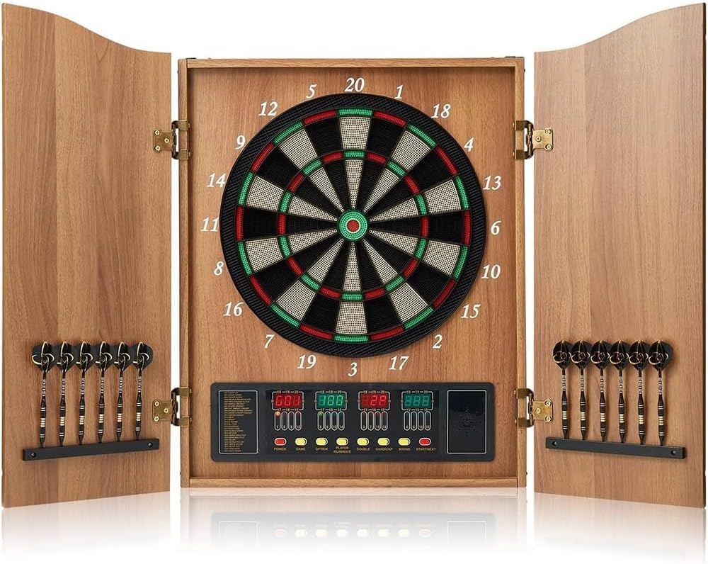 Electronic Dart Board Set, Dart Board Cabinet Set with 12 Soft Tip Darts 50 Dart Head, Electronic Dart Board, Wooden Cabinet Doors with Integrated Scoreboard for Home Use, Bars, Dar, A