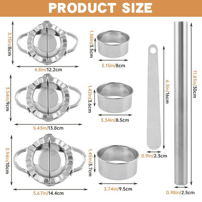 Zorivane 8Pcs Dumpling Maker Set, Stainless Steel Empanada Maker Press with Rolling Pin and Stuffing Scoop, Dough Cutter Dumpling Mold for Ravioli Pierogi Calzone, 3 Sizes