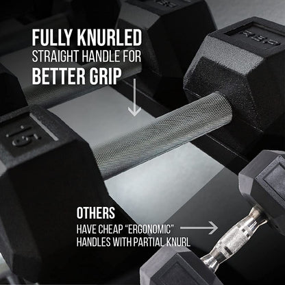 REP Fitness Rubber Hex Dumbbells, Includes Red Rack, 5–50 lb Weight Pairs, Heavy-Duty Sets, Textured Handles, Bundled Package for Men & Women, Home Gym Strength Training, Lifting and Muscle Growth