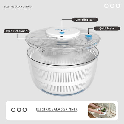 Subbuteo Electric Salad Spinner 4Qt – Rechargeable Lettuce Washer & Vegetable Dryer with 2+ Month Battery Life, Type-C, Detachable Parts, Spin Dry Kitchen Gadget for Greens Herbs Berries