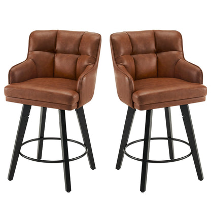 SAECKBERG 360°Swivel Counter Height Bar Stools with Back, 26 inch Solid Wood Legs, Bar Stool Modern Kitchen Island Chairs, Faux Leather (Brown- Faux Leather, 26" H- Set of 2)