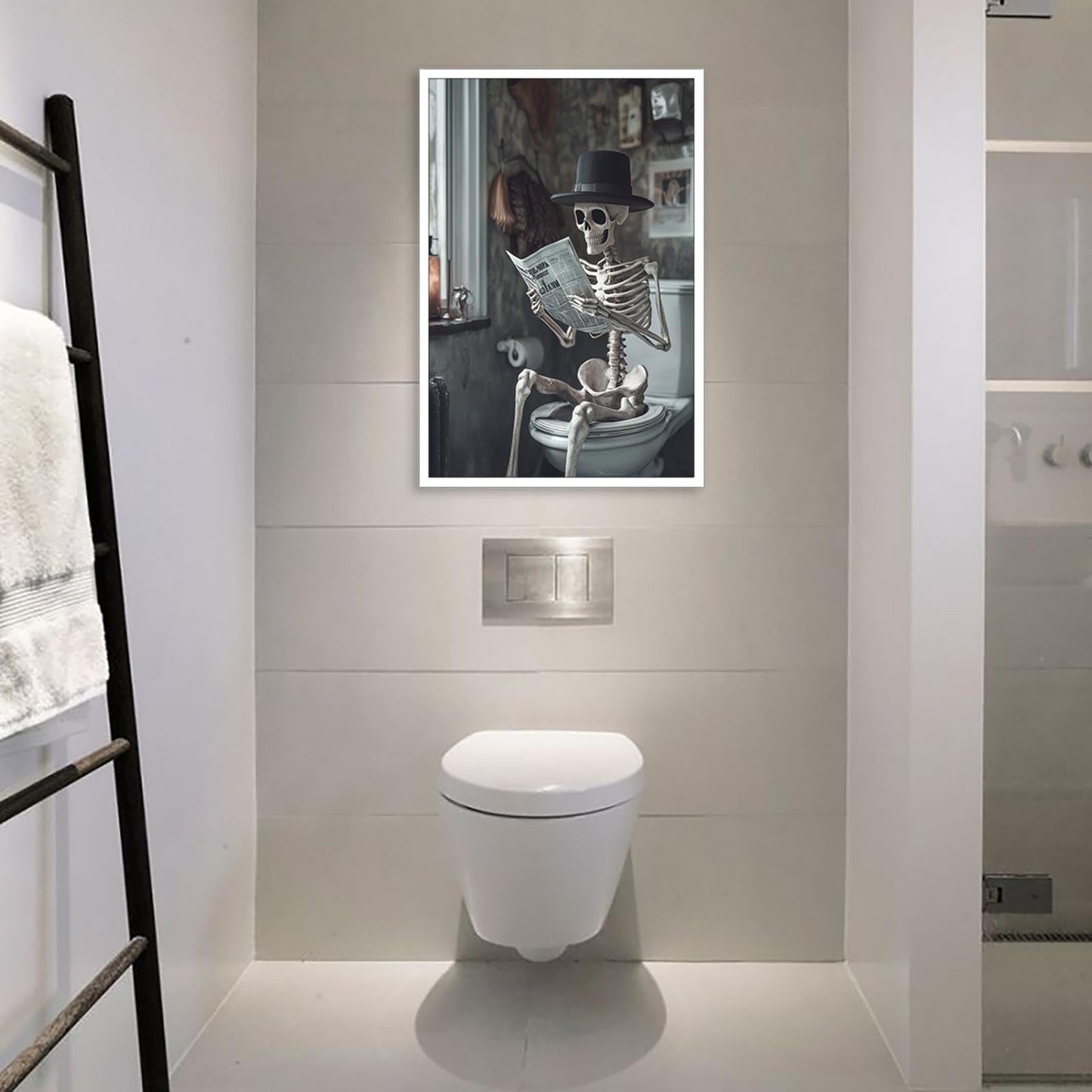 Funny Horror Skeleton Reading A Newspaper In The Toilet Print Picture Poster Whimsical Creepy Canvas Painting Wall Art Home Bathroom Room Decor Aesthetics 12X18 in Unframed
