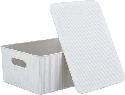 Superio Ribbed Collection Large White Smoke Storage Bins, 2 Pack, 15 Liter, Stackable Organizer Baskets