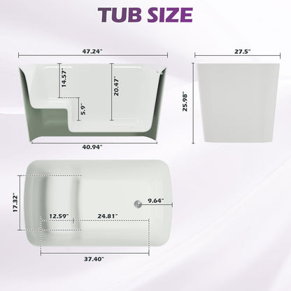 Mokleba 47" Lucite Acrylic Freestanding Bathtub，Square Shape Japanese Soaking Tub with Seat Desgin,Toe-tap Chrome Right Drain, Slotted Overflow, cUPC Certified,Glossy White