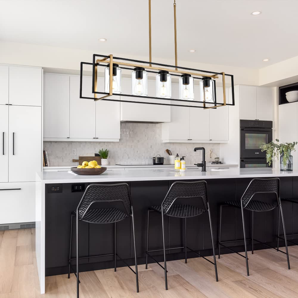 Lucidce 5-Light Farmhouse Chandelier Black and Brass Kitchen Island Lighting with Clear Glass Shades, Rectangular Chandeliers for Kitchen or Dining Room