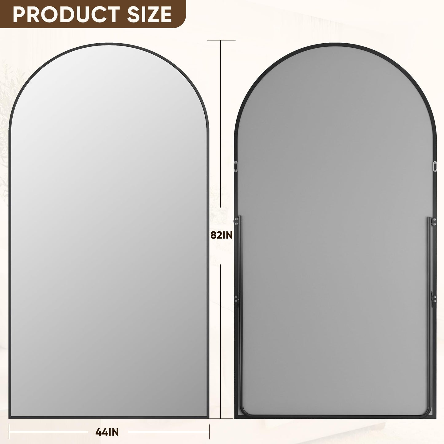 Antok Full Length Mirror, 44"x82" Floor Mirror with Stand, Hanging Mounted Mirrors for Bedroom, Living Room, Cloakroom, Dining Rooms, Black, Arched