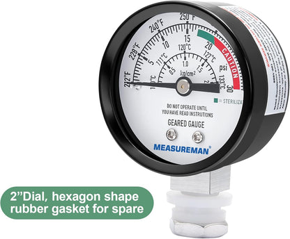 MEASUREMAN Black Steel Pressure Cooker Gauge, 2" Dial Pressure Canner Gauge, Lower Mount with Hexagon Gasket and Nut