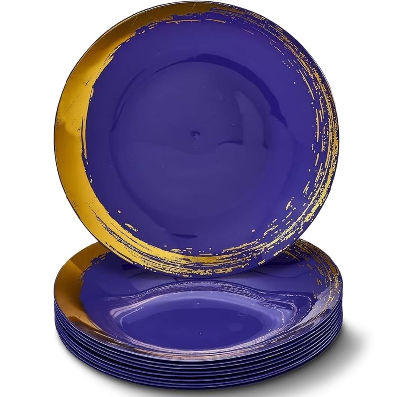 Silver Spoons Elegant Blue Disposable Plastic Dinner Plates with Brushed Gold Rim - 10.25" (Pack of 10) - Ideal for Weddings, Parties & Special Occasion