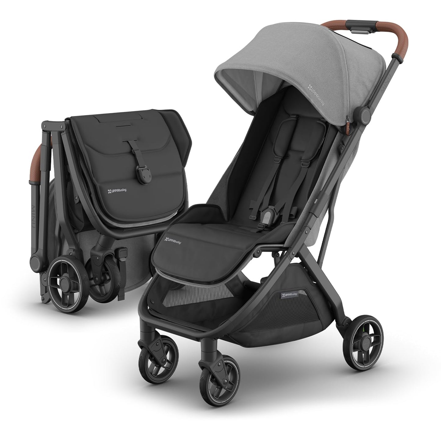 UPPAbaby Minu V3 Travel Stroller - Lightweight + Compact Design - One-Hand Fold + Unfold - from Birth + Overhead Compatible - Greyson (Charcoal Mélange/Carbon Frame/Saddle Leather)