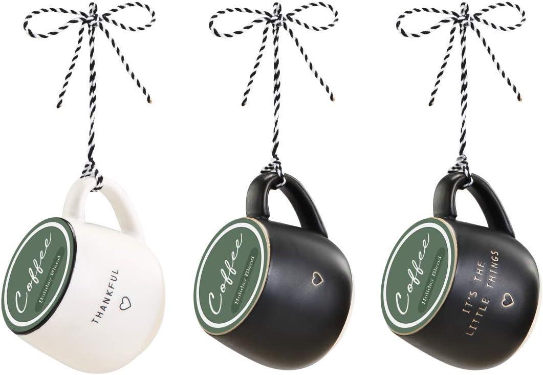 DEMDACO Thankful Black and White Stoneware Coffee Pod Mug, Ornaments Set of 3