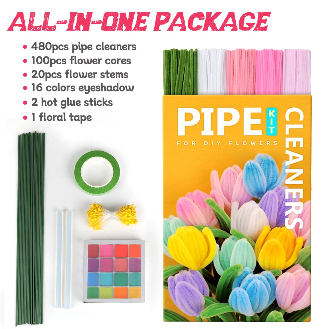 IOOLEEM Pipe Cleaners, 480pcs Pink, Flower Making Kit, Arts and Craft Supplies for Flowers, Ideas for Art Project Activity.
