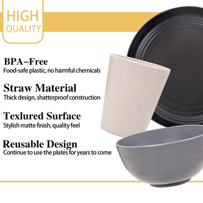 Rubtlamp Wheat Straw Dinnerware Sets, 16PCS Plastic Dinnerware Set for 4, Wheat Straw Plates and Bowls Sets, Unbreakable Dinnerware Plastic Microwave Safe Dishes Set for Kitchen&Camping