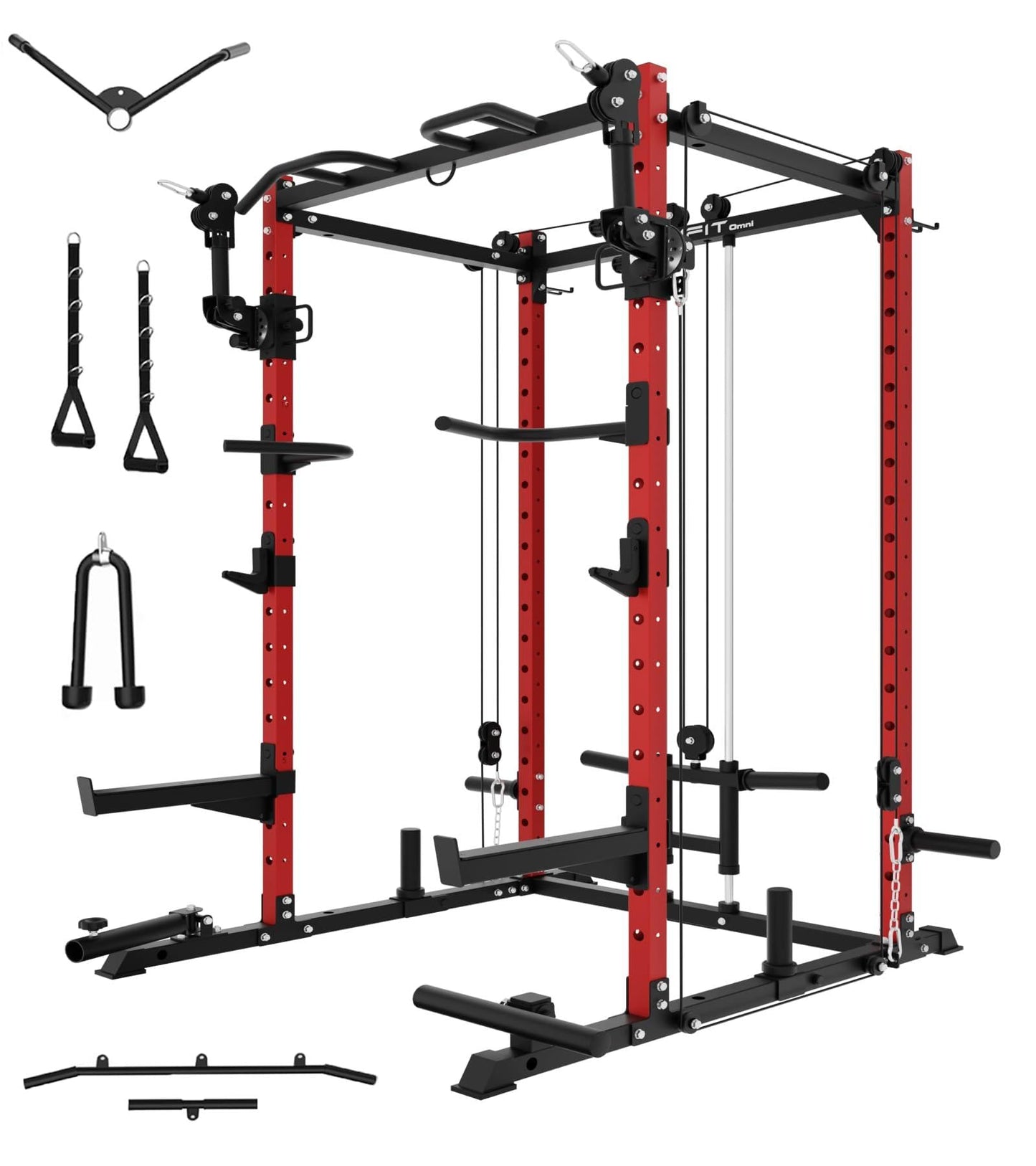 Eonfit E2 Power Cage with 3D Rotation Arms - Multi-Functional Power Rack for Home Gym. 1500lb Squat Rack for Home Gym. Pulley System for Cable Crossover & LAT Pulldown (RED, PRO)