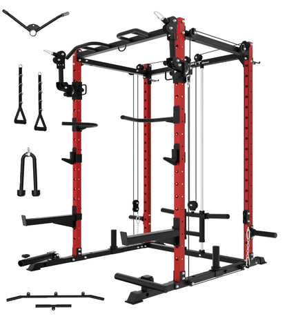 Eonfit E2 Power Cage with 3D Rotation Arms - Multi-Functional Power Rack for Home Gym. 1500lb Squat Rack for Home Gym. Pulley System for Cable Crossover & LAT Pulldown (RED, PRO)